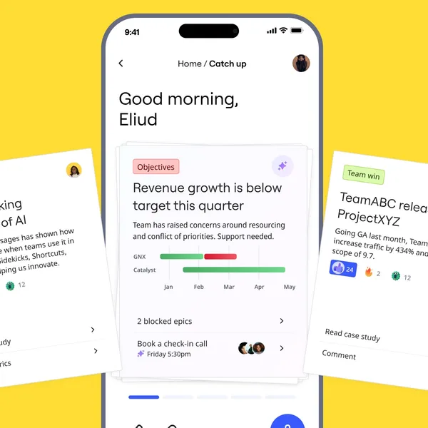 A Miro mobile catch-up screen showing an objectives card with progress bars, flanked by team update cards