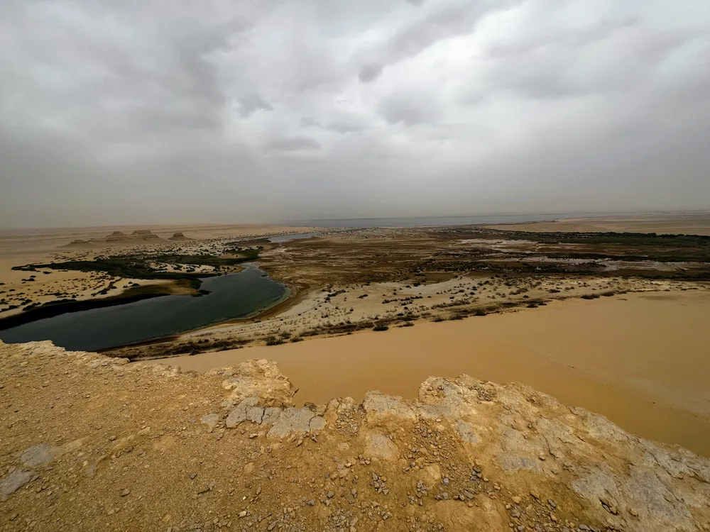 Lakes and scrub spreading across pale desert under a heavy grey sky